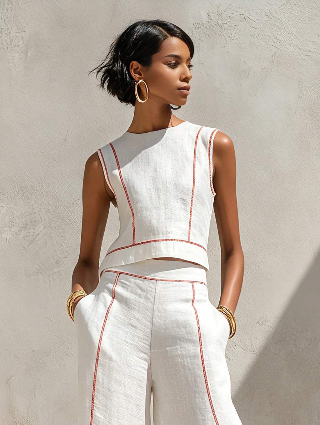 Conjunto de lino con costuras en contraste