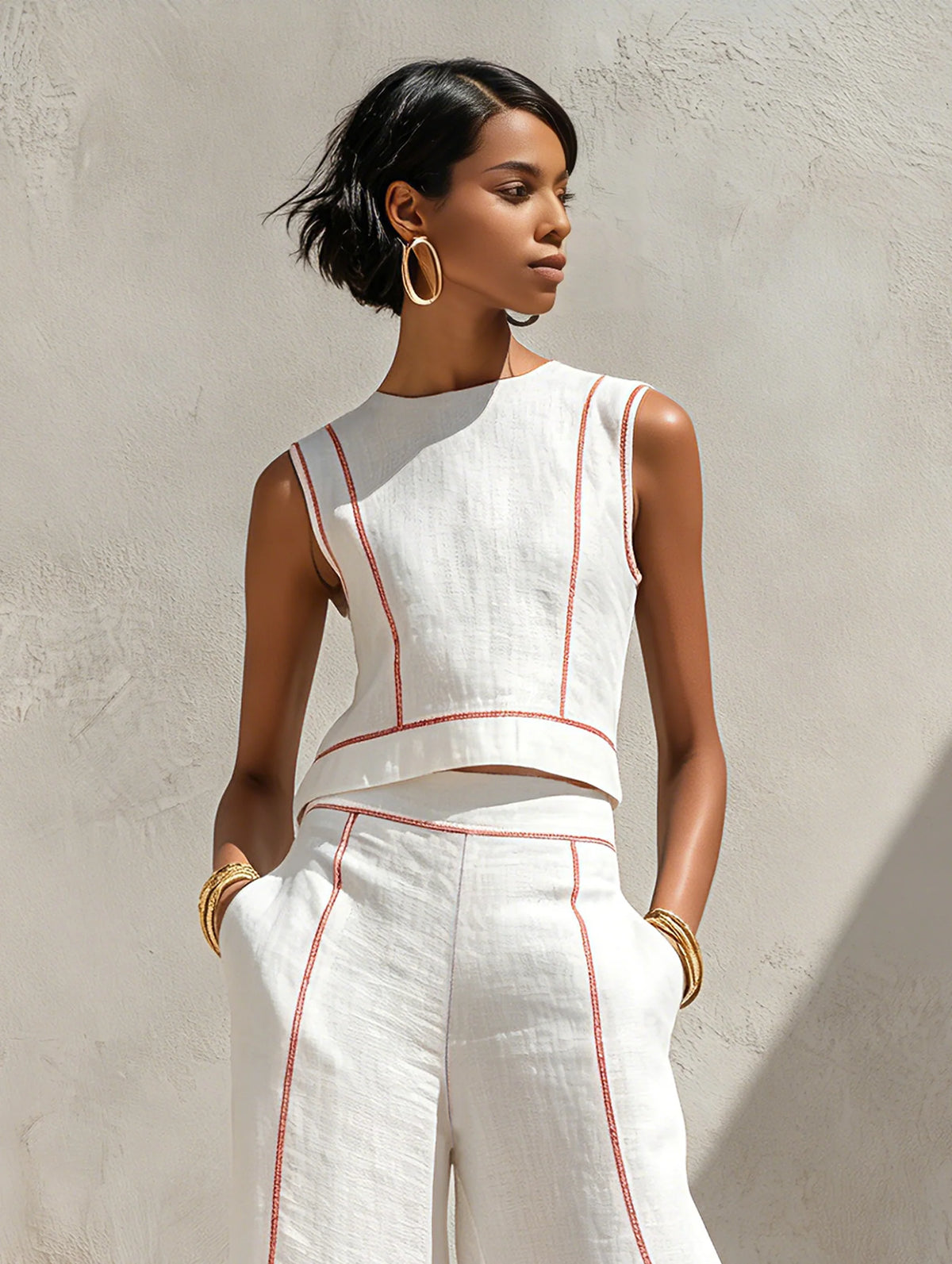 Conjunto de lino con costuras en contraste