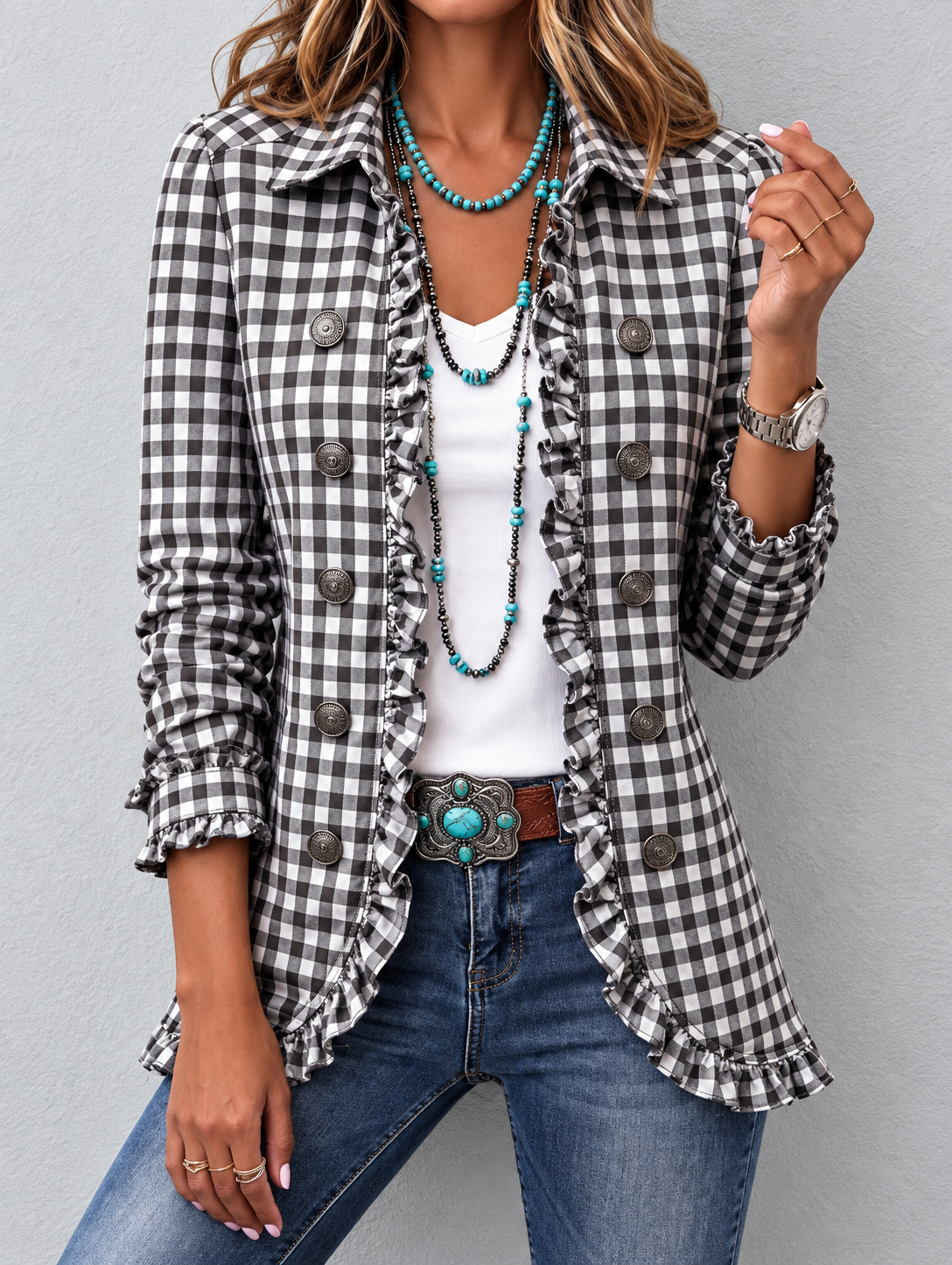 Chaqueta Mujer Cuadros Vichy Blanco y Negro con Volantes.