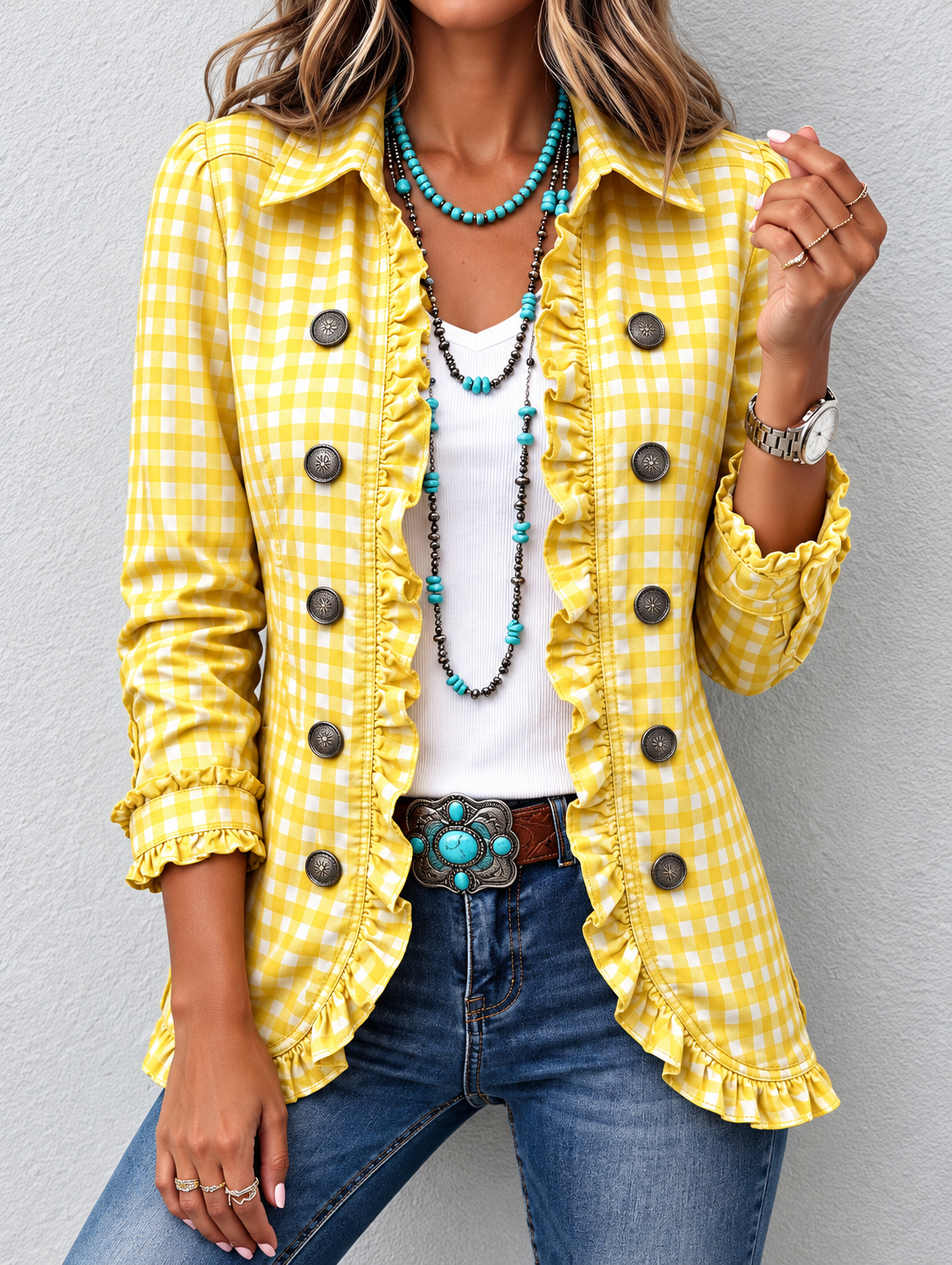 Chaqueta Mujer Cuadros Vichy Amarillo con Volantes.