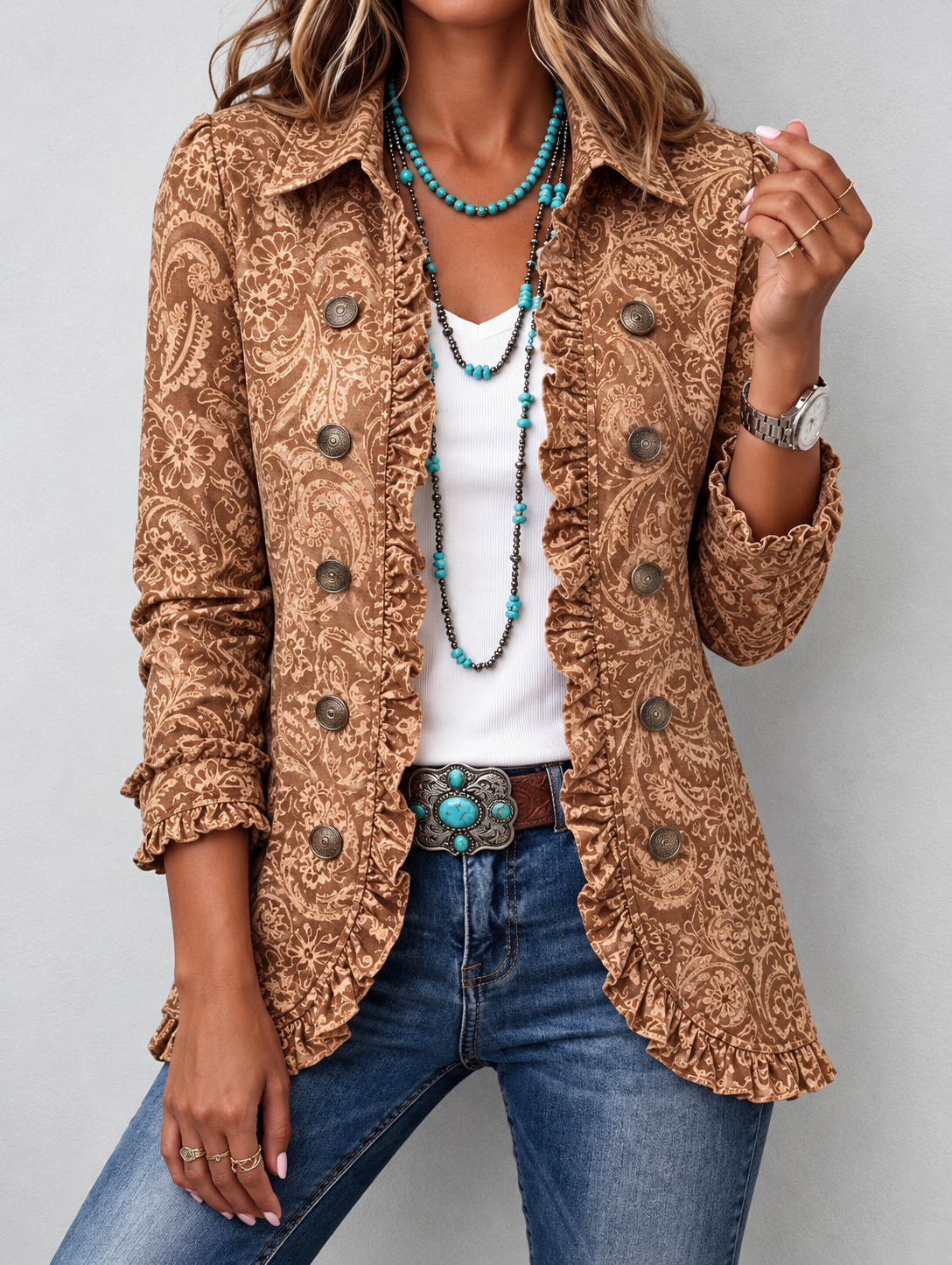 Chaqueta Mujer Paisley Marrón con Volantes y Botones.