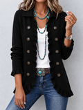 Chaqueta Mujer Negra Clásica con Botones y Detalle de Volantes.