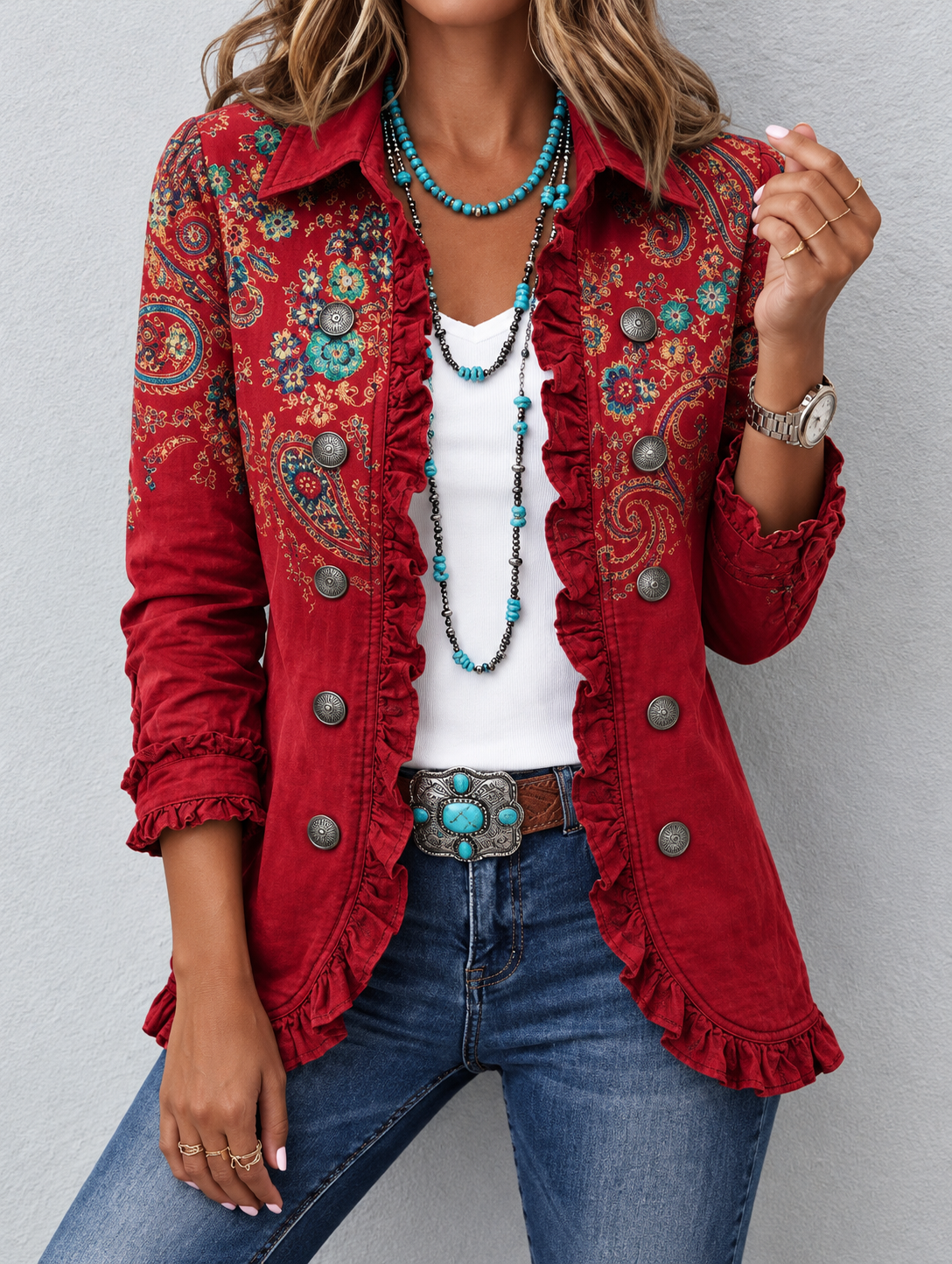 Chaqueta Mujer Roja Estampado Floral con Volantes y Botones.