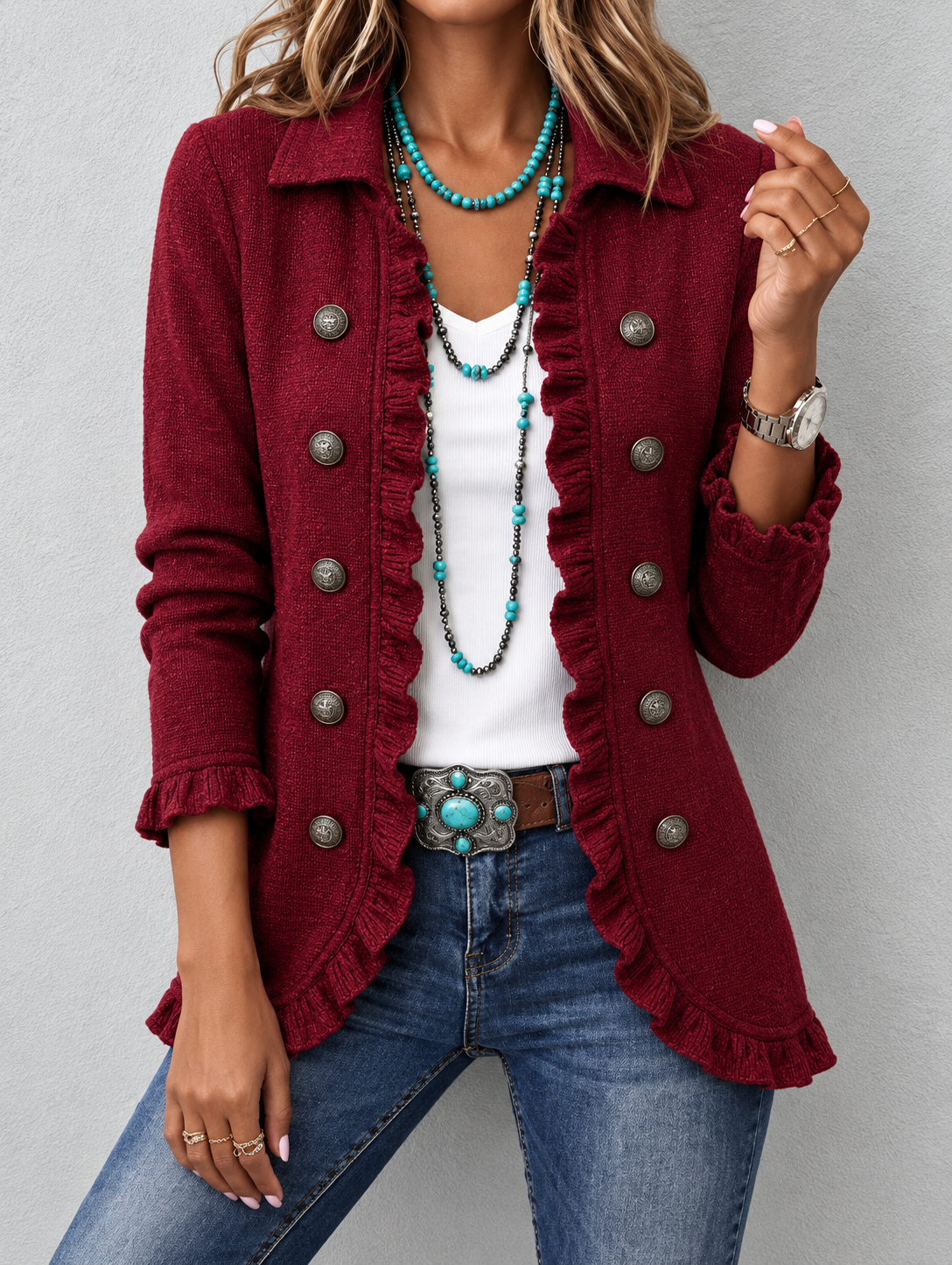 Chaqueta Mujer Granate con Botones y Detalle de Volantes.