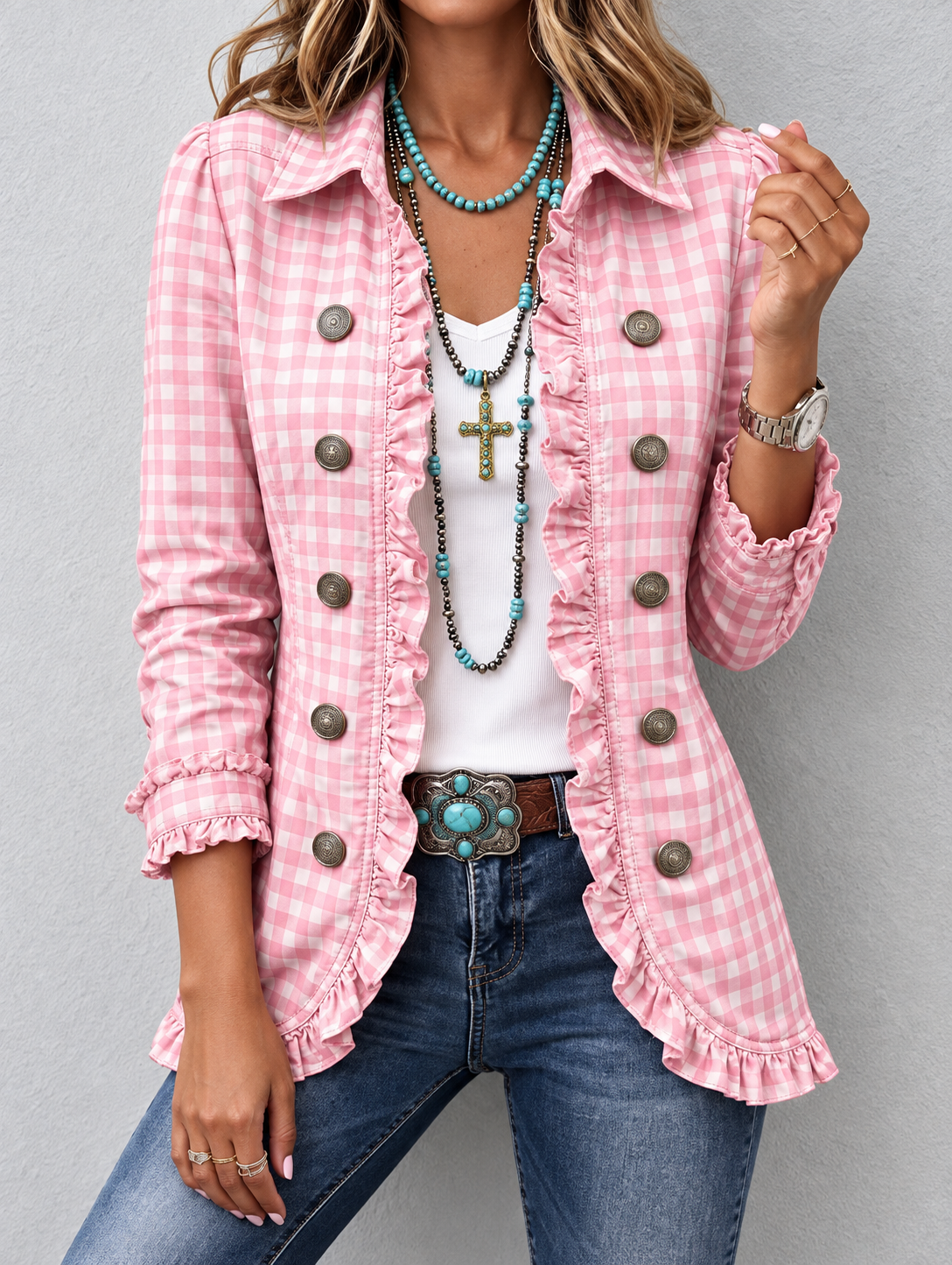 Chaqueta Mujer Cuadros Vichy Rosa con Volantes.