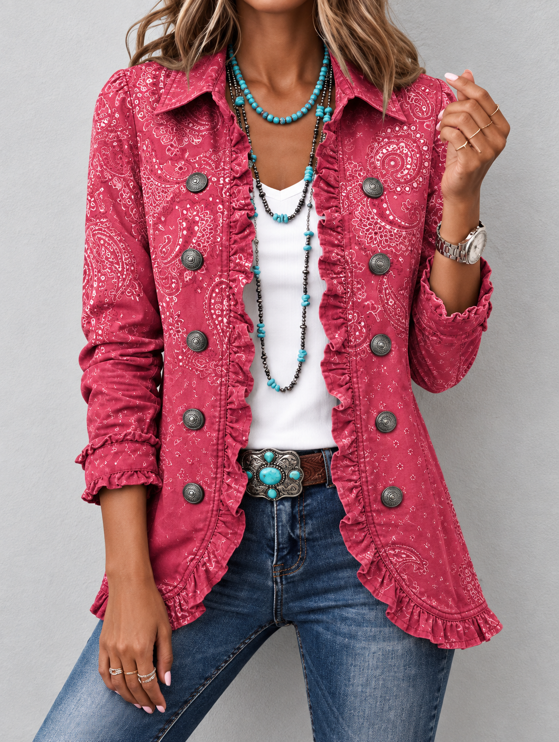 Chaqueta Mujer Paisley Rosa Fucsia con Volantes.