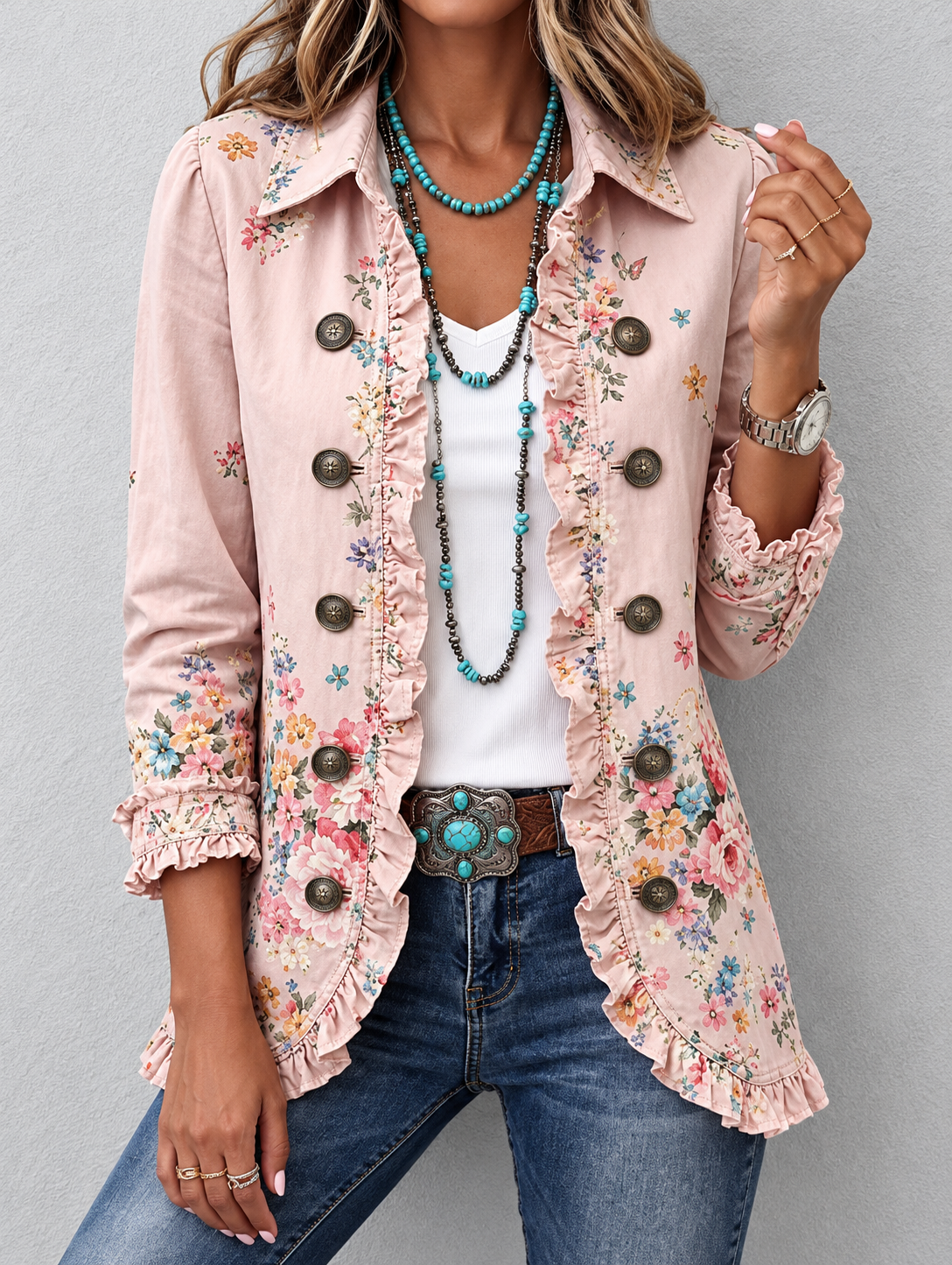 Chaqueta Mujer Paisley Rosa Fucsia con Volantes.