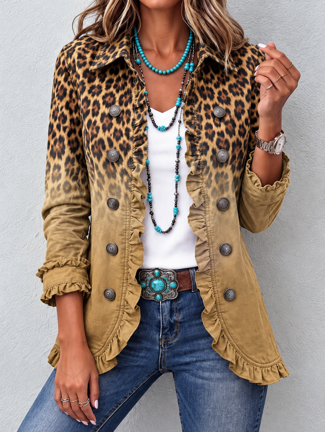 Chaqueta Mujer Leopardo Camel con Volantes y Botones