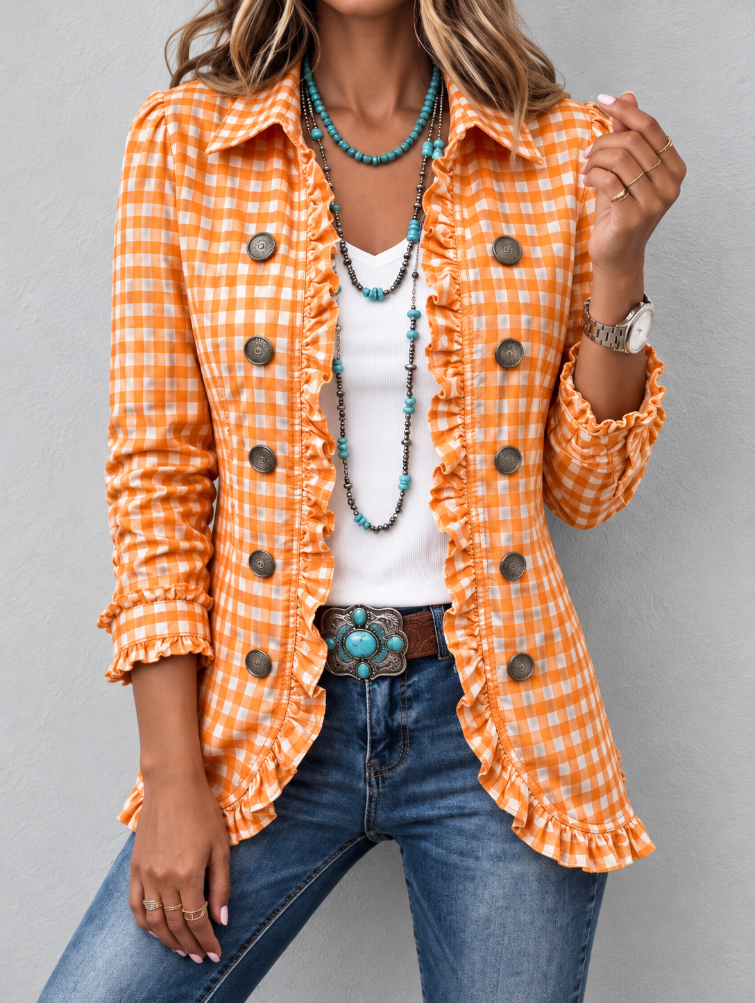 Chaqueta Mujer Cuadros Vichy Naranja con Volantes.