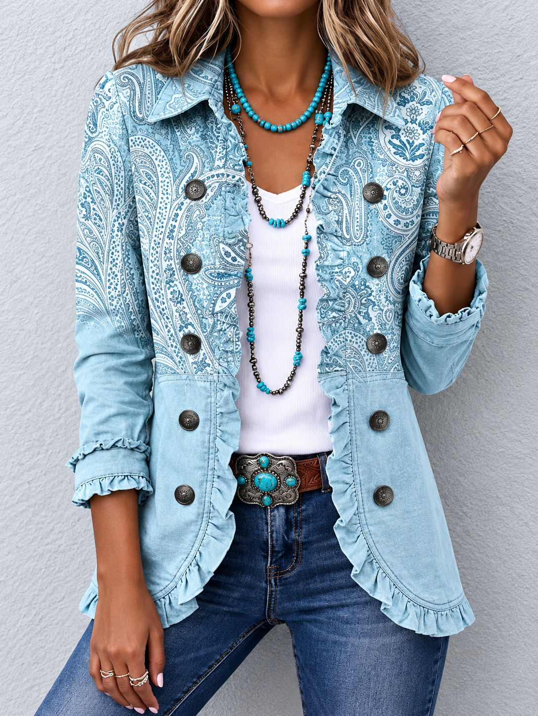 Chaqueta Mujer Boho Paisley Azul Cielo con Volantes y Botones.